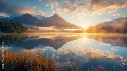 Beautiful sunrise over Matheson water lake with Fox mountain background, New Zealand natural landscape photo