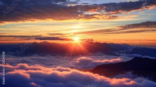 Beautiful sunset, mountains in the clouds, panoramic image, natural backgrounds