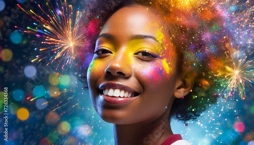 african woman with exploding colors on face and in background