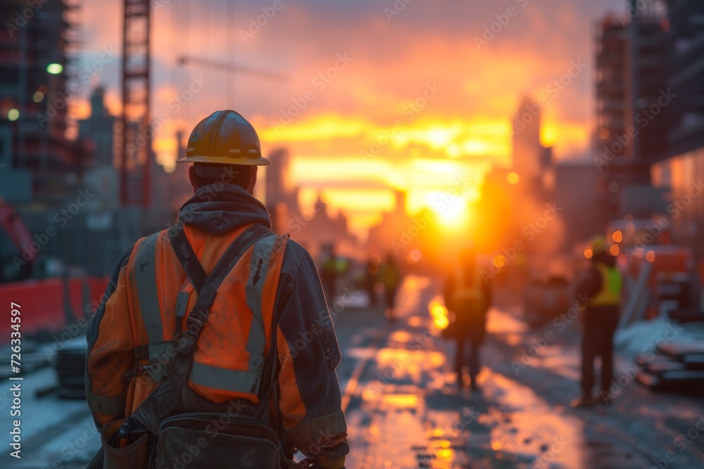 A construction site at sunrise, capturing the early start of the working class. Workers are seen arriving, gearing up with hard hats and tools, ready to begin their day.