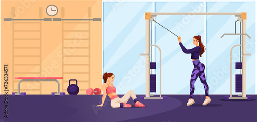 Fitness club concept with gym space. Women traning body. Wellness lifestyle. Workout activity interior. Young girl doing exercise with gym equipment. Athletic woman, sport banner. Vector illustration