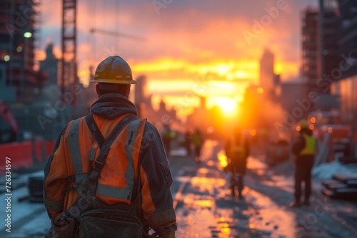 A construction site at sunrise, capturing the early start of the working class. Workers are seen arriving, gearing up with hard hats and tools, ready to begin their day.