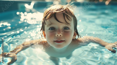 A little child is happily playing in the swimming pool.
