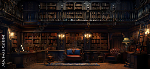 old library with many books, colorful woodcarvings, rich, painterly surfaces , old books,stand the test of time ,sofa, chairs , lightings, wooden floor
