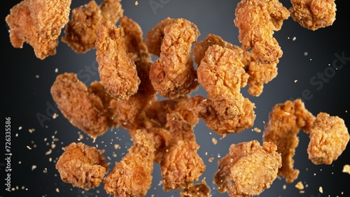 Flying Fried Chicken Pieces Isolated on Black Background, Selective Focus. Concept of Flying Food.