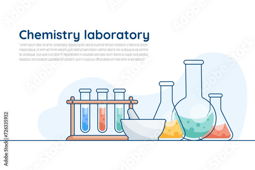 Laboratory glassware and equipment for chemical reactions and experiments. Modern flat style.
