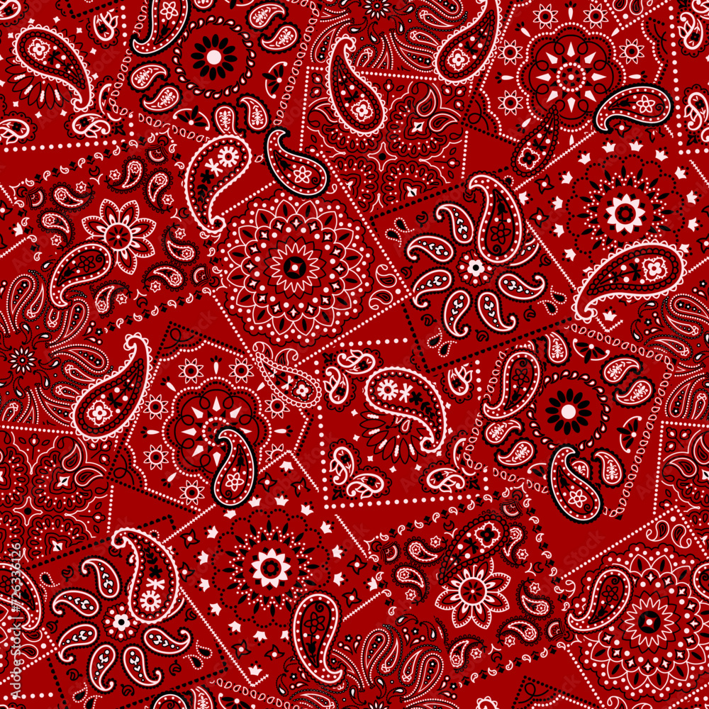 © PrintingSociety - Red bandana kerchief paisley fabric patchwork abstract vector seamless pattern for scarf kerchief shirt fabric carpet rug tablecloth pillow © PrintingSociety - Red bandana kerchief paisley fabric patchwork abstract vector seamless pattern for scarf kerchief shirt fabric carpet rug tablecloth pillow