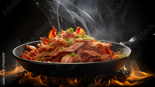 Sizzling bacon in a pan