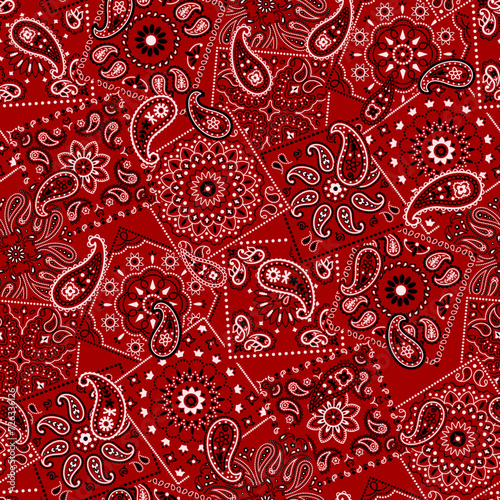 Red bandana kerchief paisley fabric patchwork abstract vector seamless pattern for scarf kerchief shirt fabric carpet rug tablecloth pillow photo