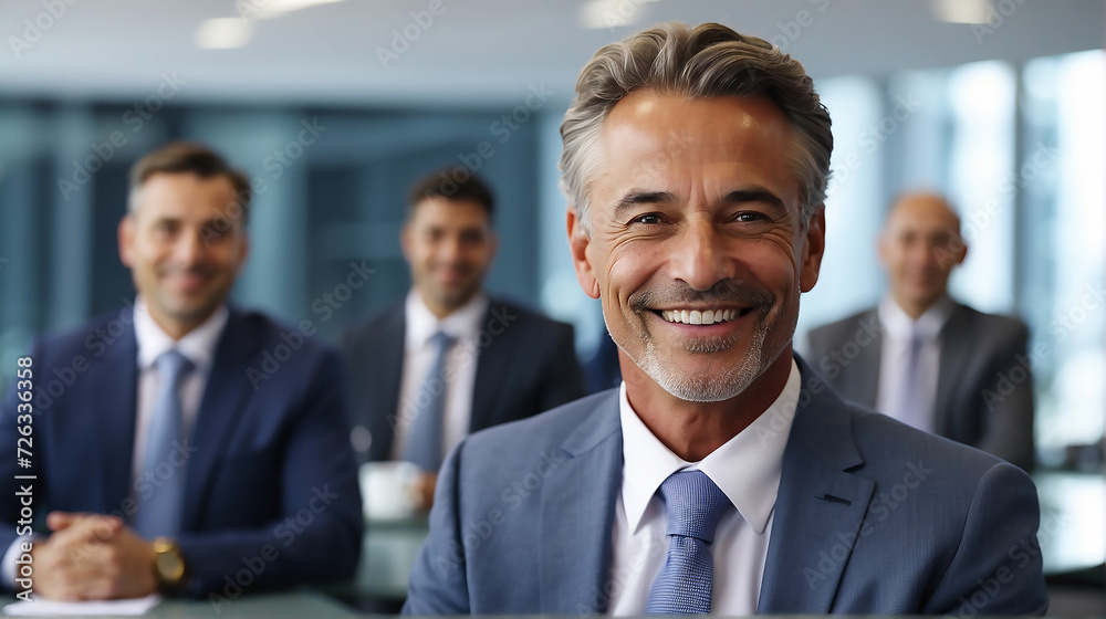 Experienced and successful Businessman smiling on camera, business concept background. 