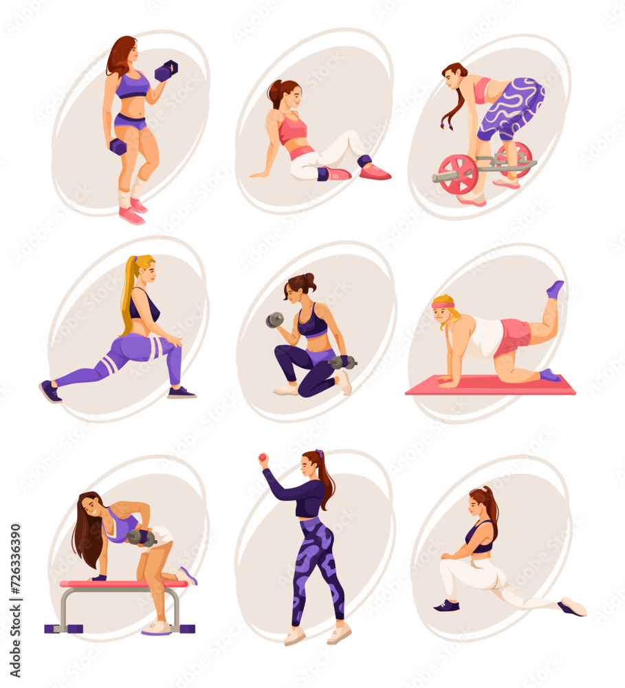 Fitness sporty girls. Set of women doing sport exercise with dumbbells. Wellness women workout. Healthy lifestyle characters. Collection of gym exercises. Colorful flat vector illustration Fitness sporty girls. Set of women doing sport exercise with dumbbells. Wellness women workout. Healthy lifestyle characters. Collection of gym exercises. Colorful flat vector illustration