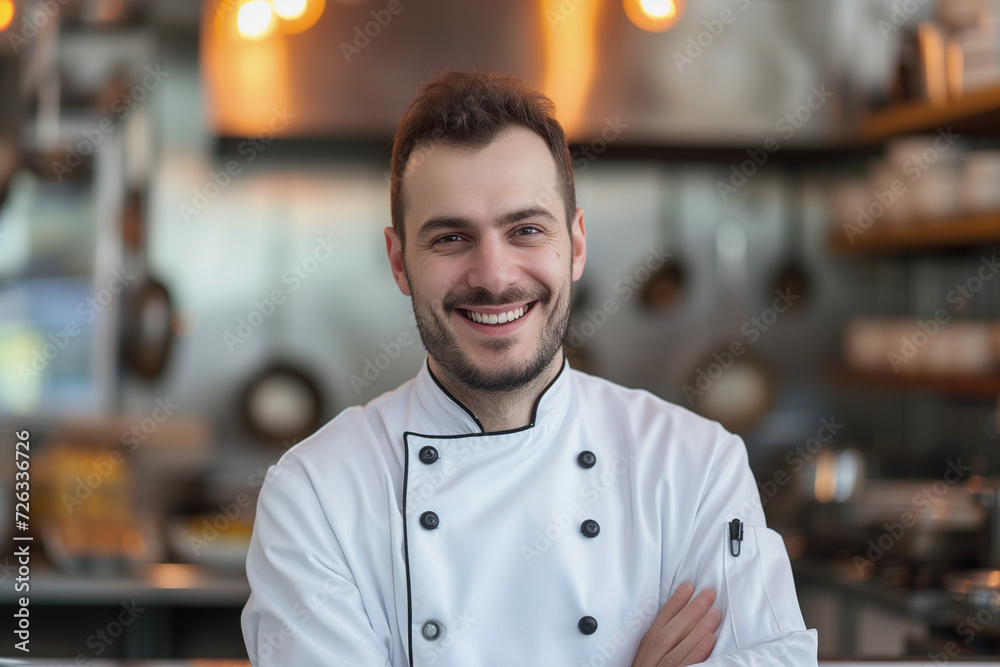 Fototapeta premium smiling commercial male chef in chef's uniform