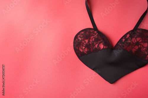 Black heart bra top view flat lay. Women sexy underwear, Valentine's day, Mother's day, Women's Day and love concept photo