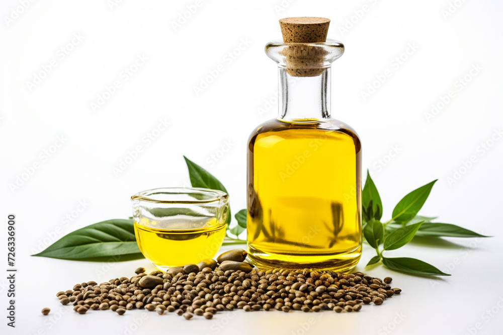 A bowl containing oil, hemp seeds, and marijuana leaves, presented in isolation against a white background, creates a visually striking composition. Generative AI. A bowl containing oil, hemp seeds, and marijuana leaves, presented in isolation against a white background, creates a visually striking composition. Generative AI.