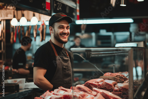 a smiling salesman is in the meat department