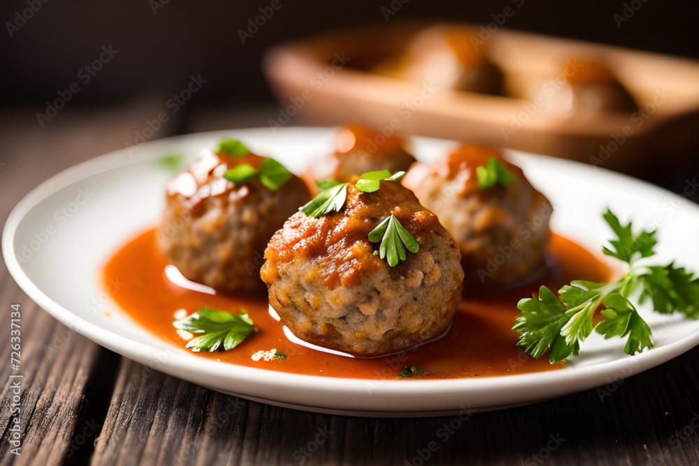 round meatball with delicious tomato sauce in plate