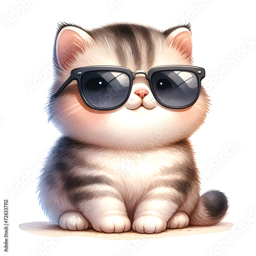 Cute Chubby Cat. Watercolor Illustration Clipart.