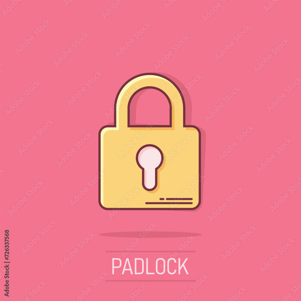 Padlock icon in comic style. Lock cartoon vector illustration on white isolated background. Private splash effect business concept. Padlock icon in comic style. Lock cartoon vector illustration on white isolated background. Private splash effect business concept.