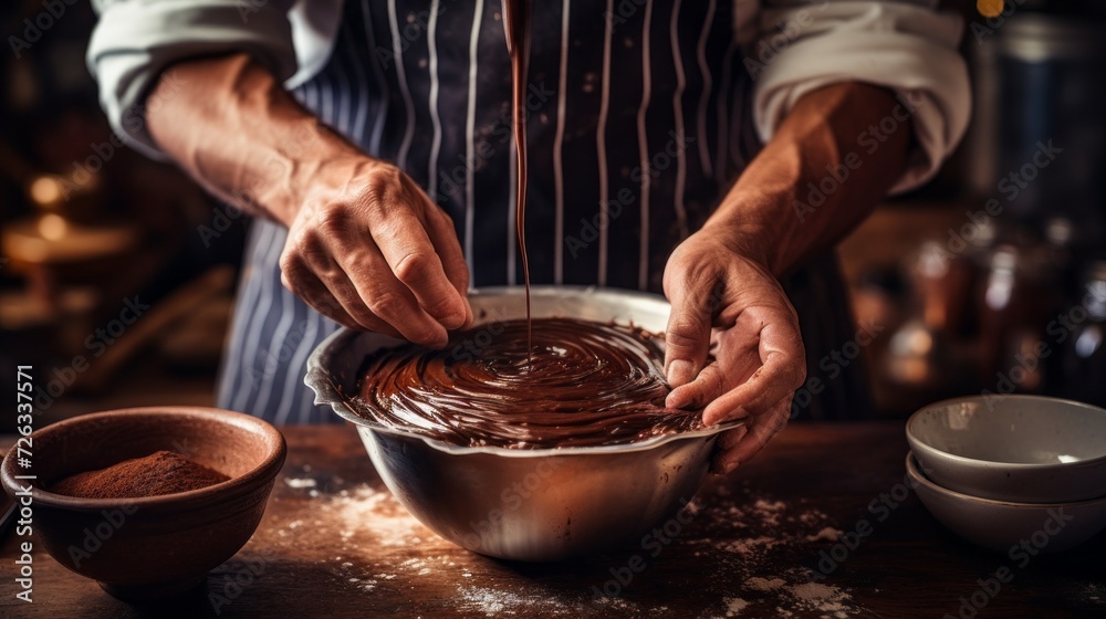 Close-up of a baker or chef whipping chocolate cream for a cake in a bowl.