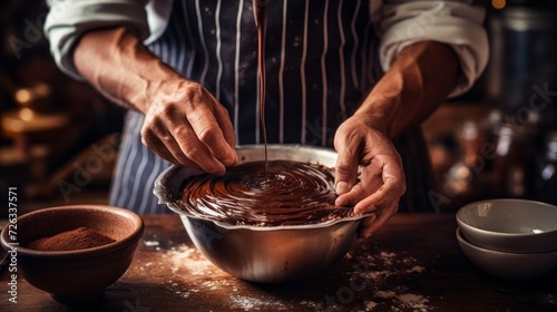 Close-up of a baker or chef whipping chocolate cream for a cake in a bowl.