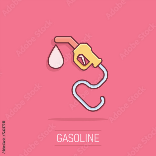 Fuel pump icon in comic style. Gas station cartoon sign vector illustration on white isolated background. Petrol splash effect business concept.