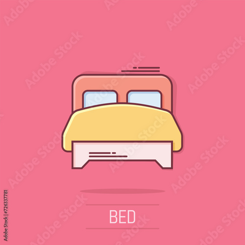 Bed icon in comic style. Bedroom cartoon sign vector illustration on white isolated background. Bedstead splash effect business concept.