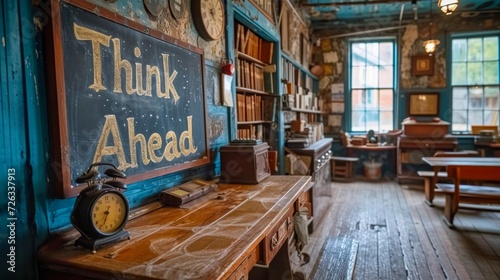 Vintage study ambiance with strategic motivational quote "Think Ahead" chalkboard, inspiring wisdom and growth. © Dougie C