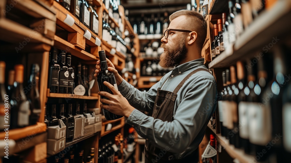 Experienced wine merchant showcasing a premium bottle of red wine in his well stocked, vibrant shop. Experienced wine merchant showcasing a premium bottle of red wine in his well stocked, vibrant shop.