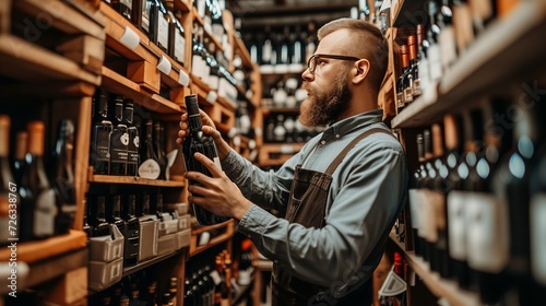 Experienced wine merchant showcasing a premium bottle of red wine in his well stocked, vibrant shop.