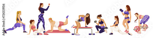 Fitness sporty girls. Set of women doing sport exercise with dumbbells. Wellness women workout. Healthy lifestyle characters. Collection of gym exercises. Colorful flat vector illustration
