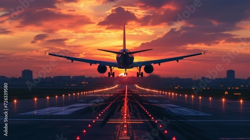 passenger plane fly up over take-off runway from airport at sunset #726339580