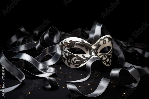Venetian carnival mask and silver serpentine ribbons on black background. Top view. Close-up.