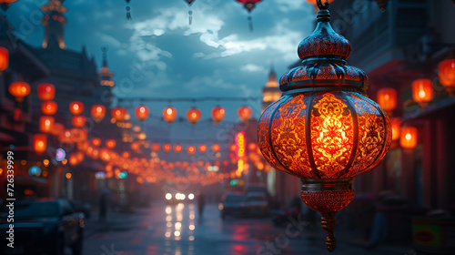 Arabic building with lanterns ramadan vibe in air  photo