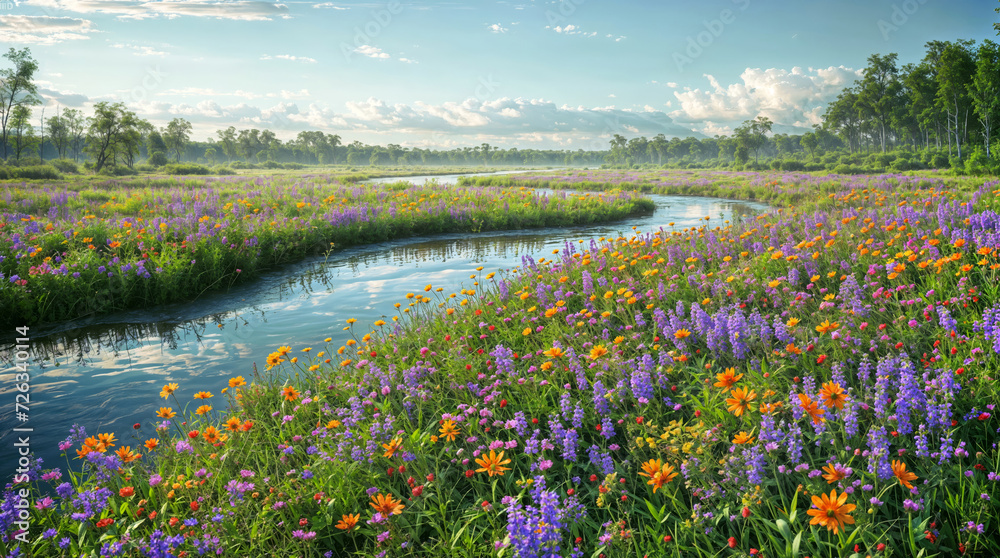Fototapeta premium Beautiful countryside landscape. Summer wildflowers on the shore of a river. For backgrounds, covers, wallpapers, wall art and other projects.