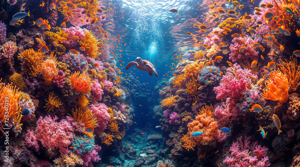 Naklejka premium Life on a coral reef with colorful fishes and a sea turtle. Image for covers, backgrounds, wallpapers and other projects about nature and sea animals. 