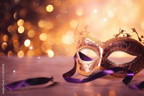 Venetian Mask With Bokeh Lights And Shiny Streamers with copy space