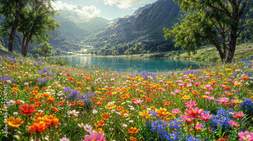 Fototapeta Naklejka Na Ścianę i Meble -  Idyllic summer landscape. Wildflowers on the shore of a mountain lake with green mountains in the background. For backgrounds, covers, wallpapers, wall art and other projects.
