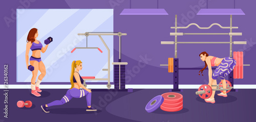 Fitness club concept with gym space. Women traning body. Wellness lifestyle. Workout activity interior. Young girl doing exercise with gym equipment. Athletic woman with barbell. Vector illustration