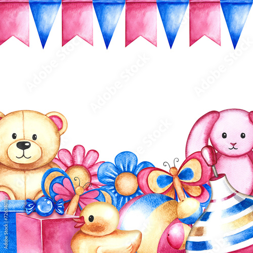 A frame with children's toys, a ball, a spinning top, cubes and a teddy bear with a bunny. Handmade watercolor illustration. For the design of children's book, banners and labels, packaging, postcards photo