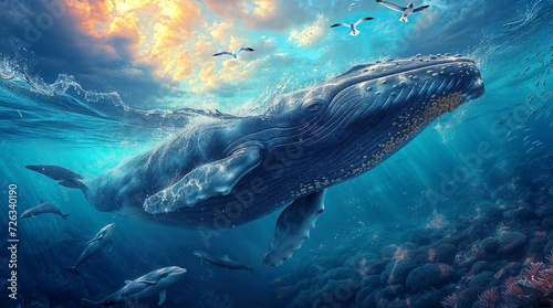 Whale and dolphins in the ocean. Image for covers, banners and other projects about the protection of whales, dolphins and all marine fauna. © Olga