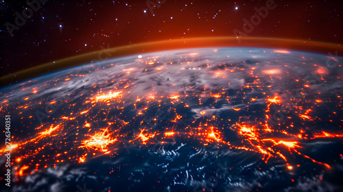 A fiery depiction of Earth's surface from space, resembling a global heatmap. 