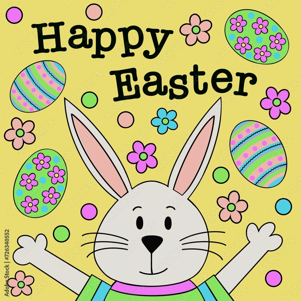 Happy Easter bunny. Cartoon Easter bunny illustration in a colourful jumper. Happy Easter design. Easter rabbit with Easter eggs and flowers. Patterned eggs with flowers, stripes and dots. 