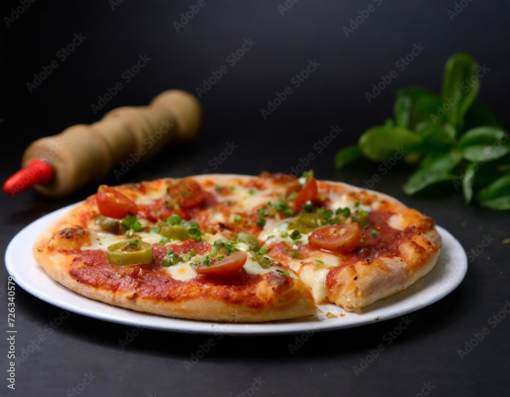 Closeup Photo of California-Style Pizza on a white plate with black background
