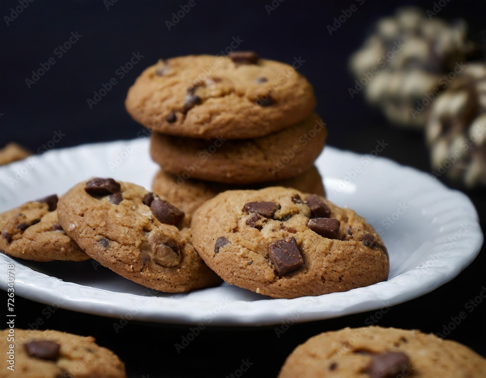 Closeup Photo of Chocolate Chip Cookies on a white plate with black background Closeup Photo of Chocolate Chip Cookies on a white plate with black background