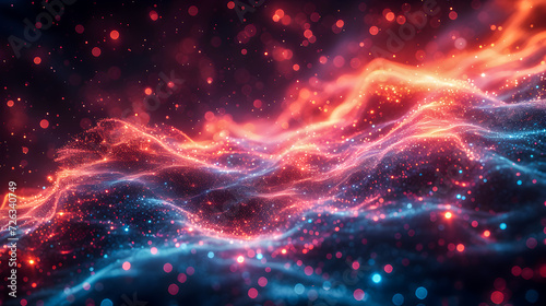 Captivating red and blue particle waves flowing dynamically, ideal for abstract technology themes. 