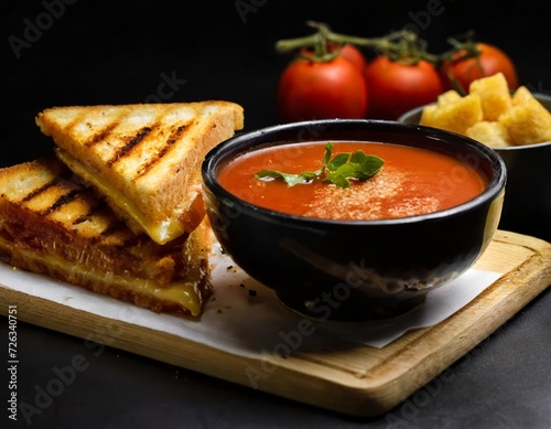Closeup Photo of Grilled Cheese & Tomato Soup with black background