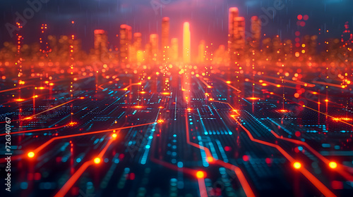 A conceptual representation of a digital city with glowing red nodes on a circuit board, symbolizing connectivity. 
