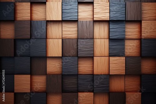 Arranged tiles on timber background. 3D render. Generative AI
