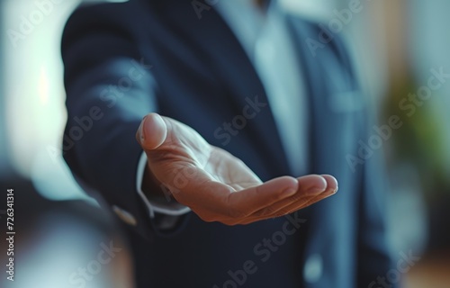 Businessperson displays open palm in a gesture of honesty trust and transparency, brand launch image