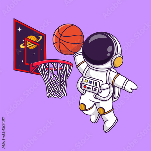Cute astronaut playing basketball in space cartoon vector icon illustration. science sport isolated.